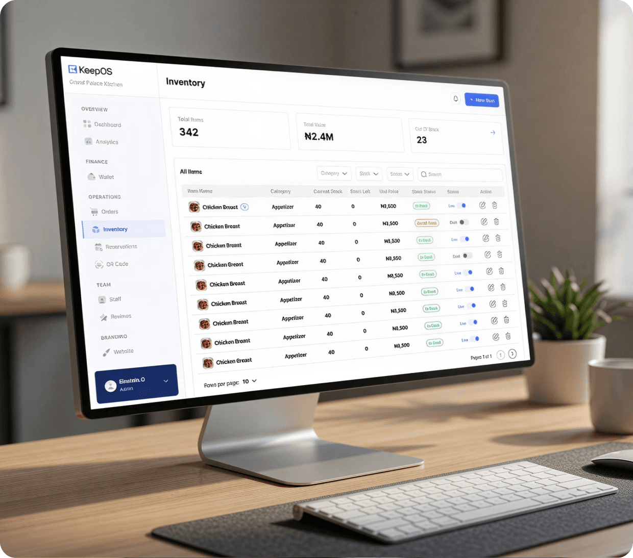 KeepOS inventory dashboard on a desktop monitor